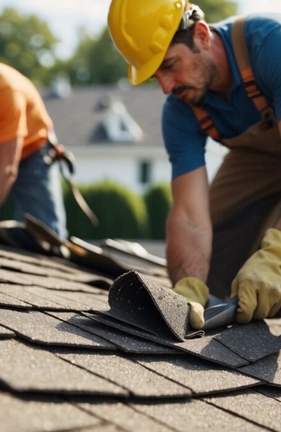 Two GreenBros roofers setting shingles on a steep pitch